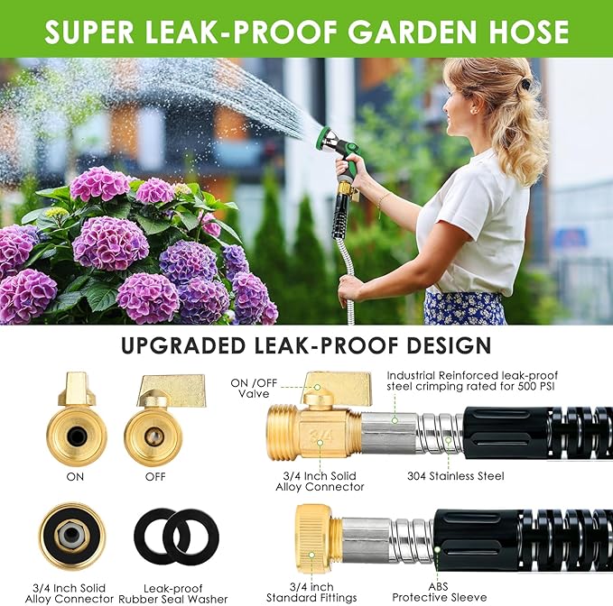 Stainless Steel Garden Hose 25 ft - 304 Stainless Steel Kink-Free Metal Water Hose with Shut-Off Valve & Hose Straps, Heavy Duty, Rust/Puncture Proof for Yard, Lawn and Car Washing, 25 Feet