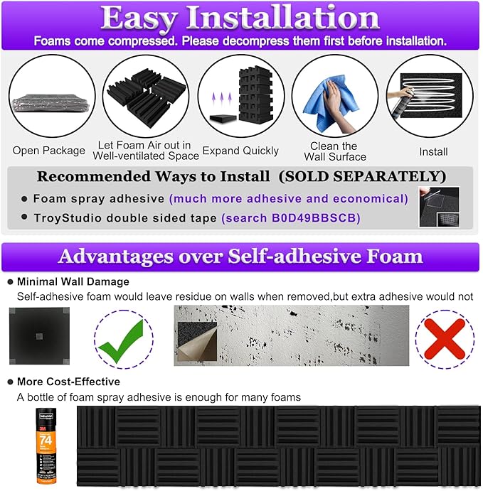 TroyStudio Thick Acoustic Foam Panels, Dense Soundproof Padding Tile, Recording