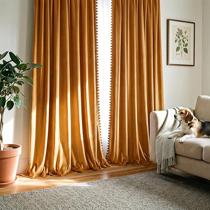 NICETOWN Mustard Gold Pom Pom Velvet Curtains 8 ft Long
