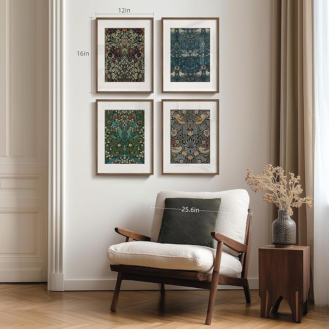 Framed William Morris Wall Art Set of 4, Vintage Botanical Floral Bird Prints