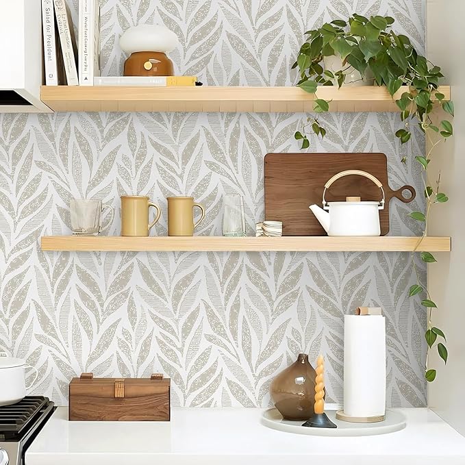 Safiyya 787"x17.3" Boho Peel and Stick Wallpaper Beige and White Wallpaper Leaf