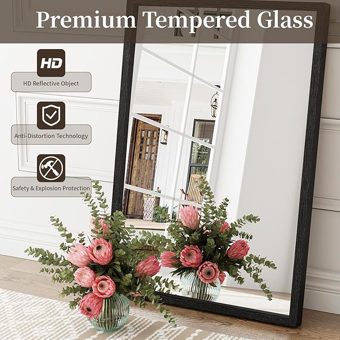 Syndra Black Wood Frame Bathroom Mirror, Waterproof Slim Deep Frame,