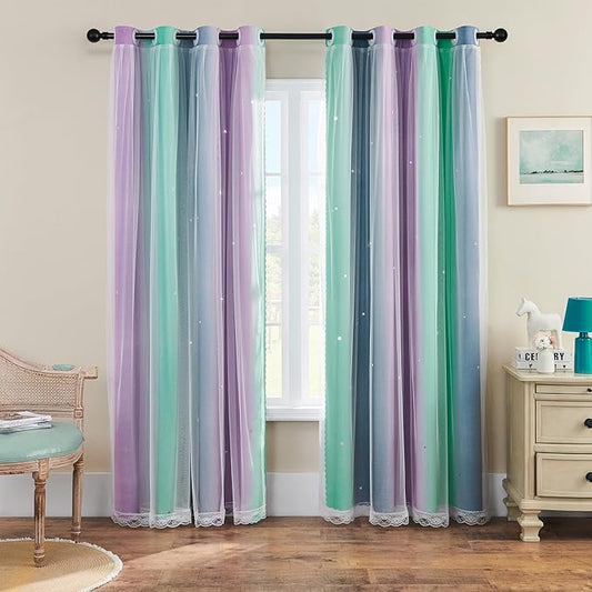 XiDi Purple Grey Curtains for Kids Bedroom, Princess Room Decor Green Curtain