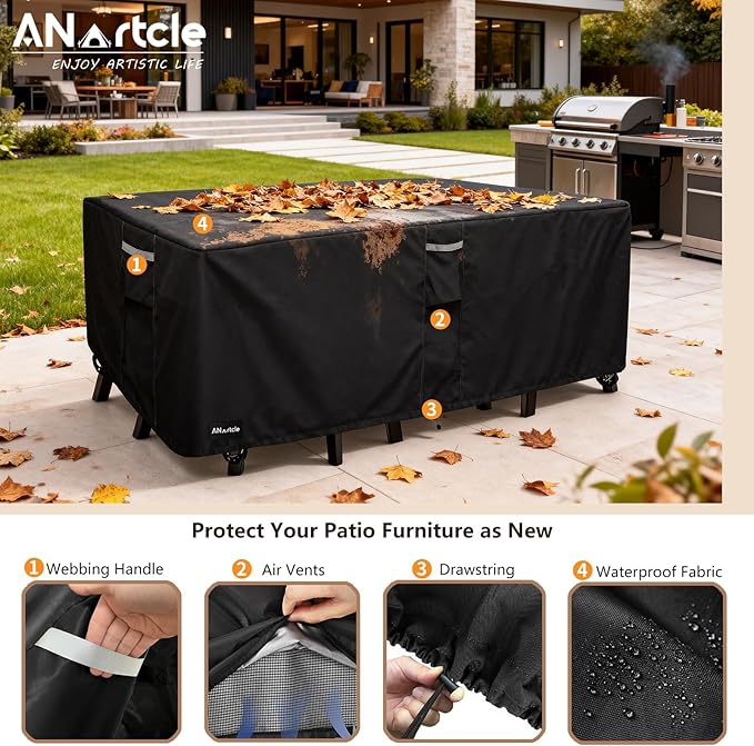 ANartcle Patio Furniture Covers 111L x 74W x 28H inch,600D Waterproof Heavy Duty Outdoor Furniture Covers,Outdoor Wicker Furniture Set with Swivel Patio Chairs General Purpose Furniture Cover,Black
