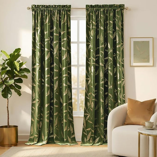 NICETOWN Leaf Patterned Green Velvet Curtains 96 inches Long 2 Panels Gold Foil