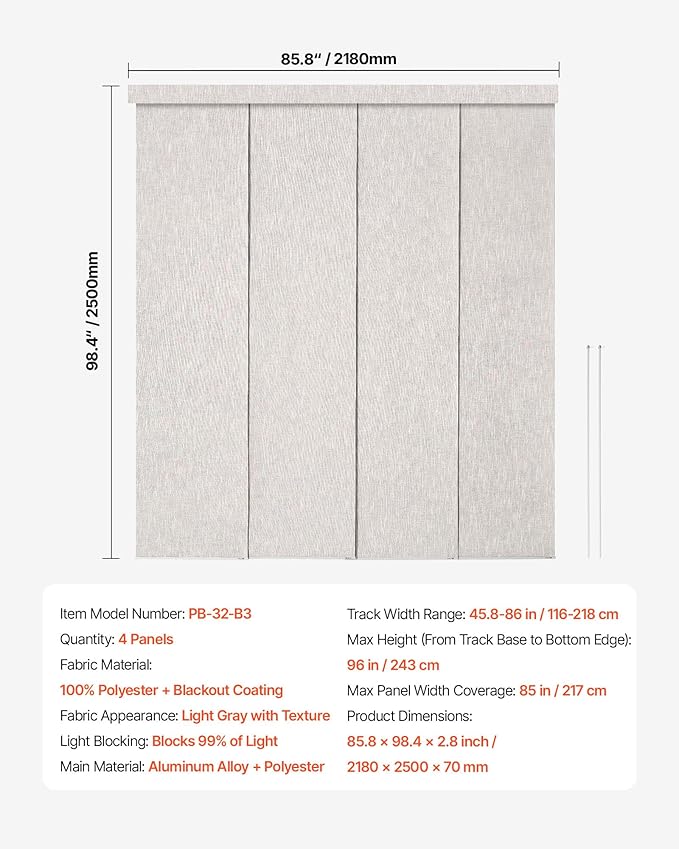 VEVOR Panel Track Blinds, Extendable Track from 45.8 in to 86 in W, Trimmable