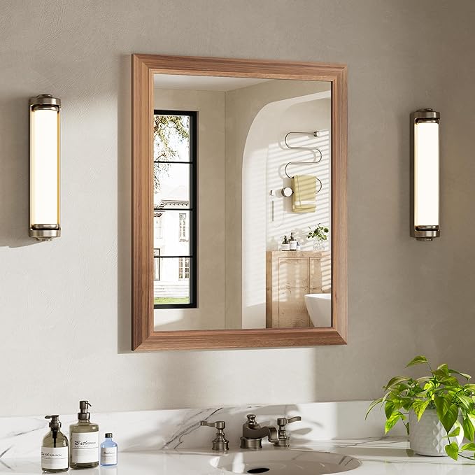 24x30 Inch Bathroom Mirror for Wall, Anti-Rust Walnut Wood Grain Metal Framed