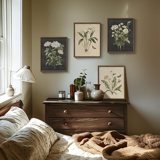 Framed Botanical Wall Art for Living Room, 4 Piece Rustic Floral Canvas