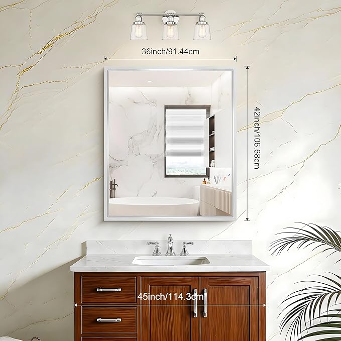 Silver Bathroom Mirror, 42 x 36 Inch Brushed Silver Rectangle Mirror