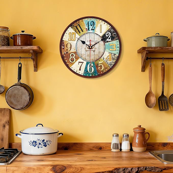 VIKMARI 14 Inch Wooden Wall Clock Battery Operated Retro Rustic Decorative Clock