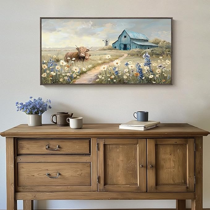 Extra Large Framed Farmhouse Style Wall Art - Vintage Rustic Canvas Art Print - Wildflower Highland Cow, Windmill & Teal Barn - Country Farm Painting for Living Room 30x60 Inch