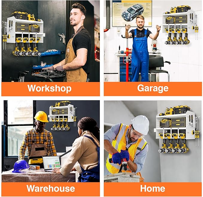 Power Tool Organizer Wall Mount - 3 Layer Heavy Duty - Cordless Tool Organizer, 4 Drill Hanger, Modular Battery Tool Organizer Wall Mount - Garage/Workshop Storage Peg Board Utility Rack