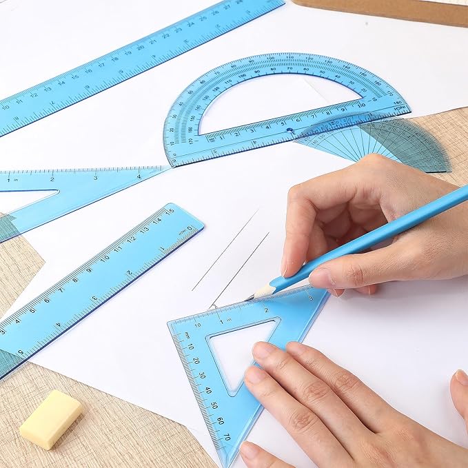 Tenare 1 Set Plastic Clear Math Set Includes Protractor Triangle Rulers 12 Inch 6 Inch Straight Geometry Math Transparent Ruler Measuring Tool for School Office Home Supplies(Blue)