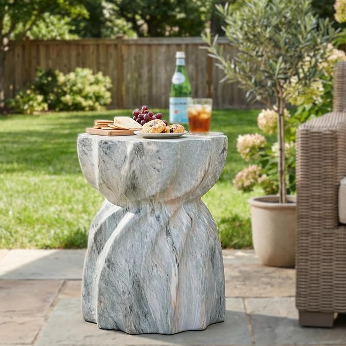 Christopher Knight Home 19.29 Inch Modern Outdoor Faux Concrete Side Table, Patio End Table with Fluted Hourglass Design, Accent Table for Garden Balcony Poolside
