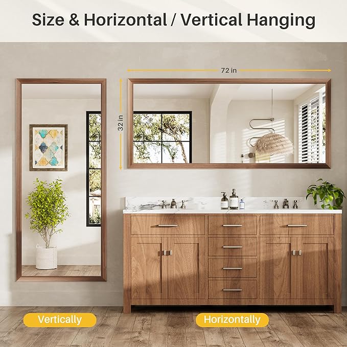 72x32 Inch Bathroom Mirror for Wall, Anti-Rust Walnut Wood Grain Metal Framed