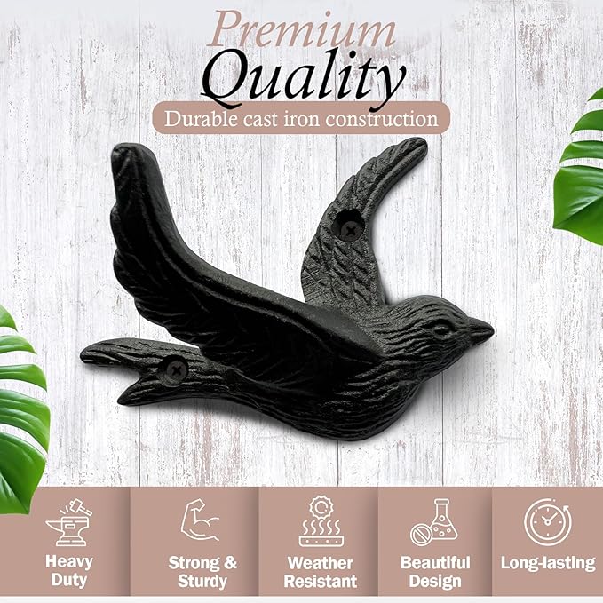 Flying Bird Cast Iron Hooks Non Rusting Interior or Exterior Decorative Wall