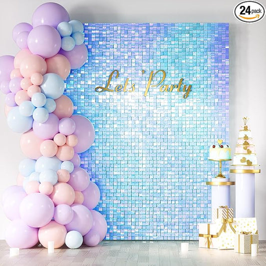 COKAOBE Rainbow Blue Shimmer Wall Backdrop 24PCS Square Sequin Shimmer Backdrop