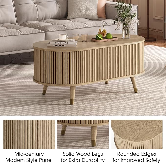 JOINICE 42.5" Oval Lift Top Coffee Table with Storage, Mid Century Modern Oak Center Table with Fluted Panel, Solid Wood Legs & Hidden Compartment for Living Room