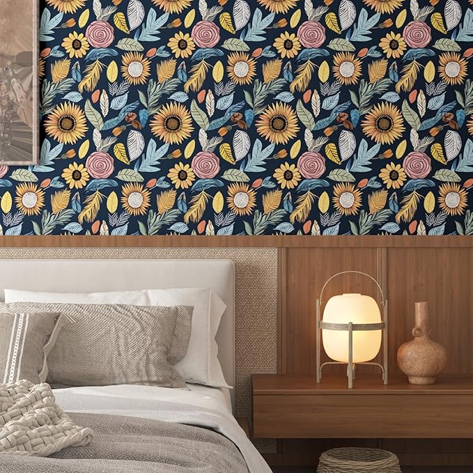 Blue Wallpaper Peel and Stick, Vintage Boho Floral Contact Paper, 17.5" x