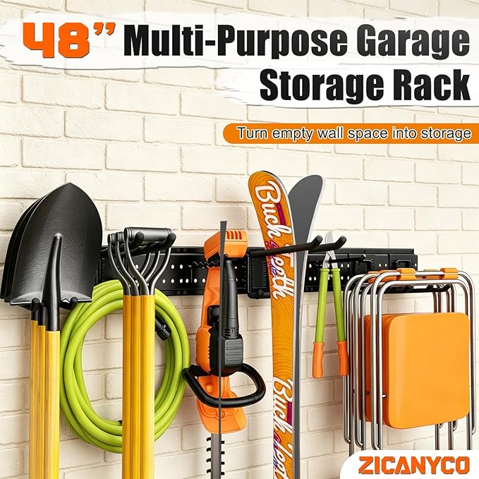 Garage Tool Organizer Wall Mount 49.5 inches with 10 Adjustable Heavy-Duty Hooks, Garage Organization, Garden Tool Storage Rack, Yard, and Shed, Holds Up to 400 lbs