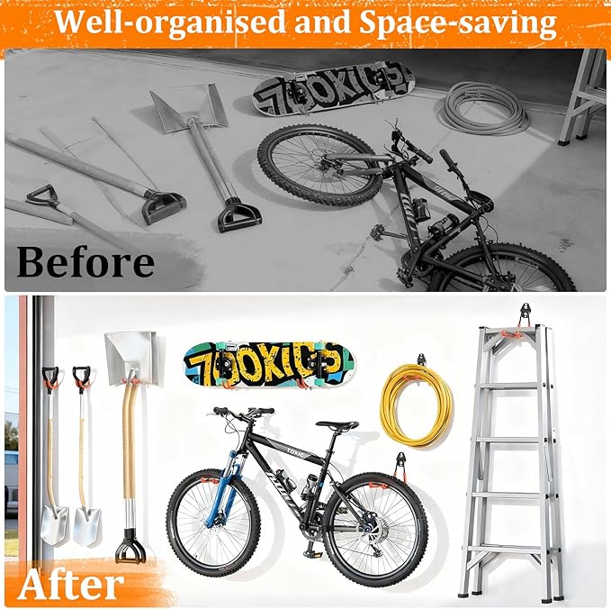 Housolution Steel Garage Hooks - 30Pack Anti-Slip Coating, Heavy Duty Wall Mount Hooks for Bikes, Garden Tools, Ladders, Hose, Bulk Items Ropes, Garage Tool Organizer with Extension Cord Wrap, Orange