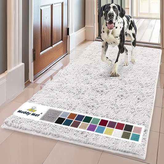 Muddy MatÂ® | Super Water Absorbent Door Mat Indoor, Microfiber Quick Dry Chenille Entryway Rug, Slip Resistant Front Door Mat, Indoor Mats for Entryway, Machine Washable Pet Rug, White 59"x35"