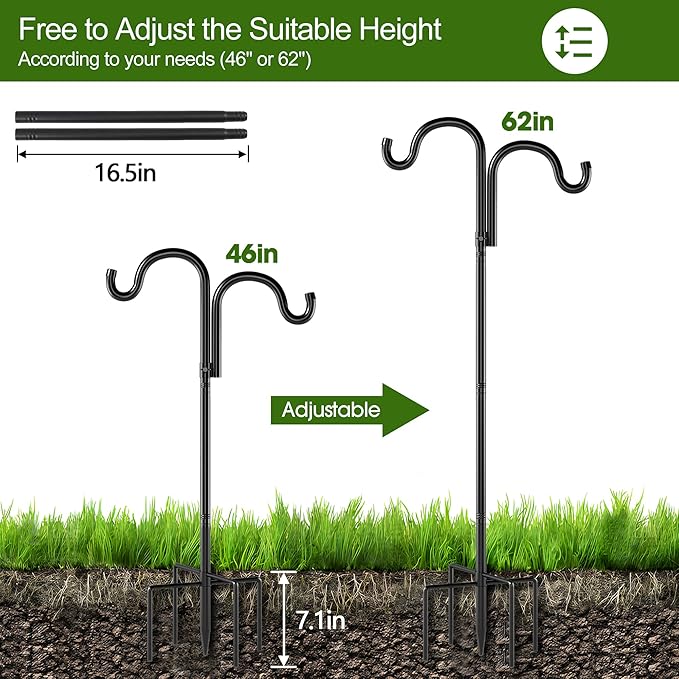 Double Shepherds Hooks for Outdoor, 60" Heavy Duty Bird Feeder Pole with 5 Prong Base, Adjustable Shepherds Hook for Bird feeders Outside, Garden, Weddings, Hanging Plants, 2 Pack, Black