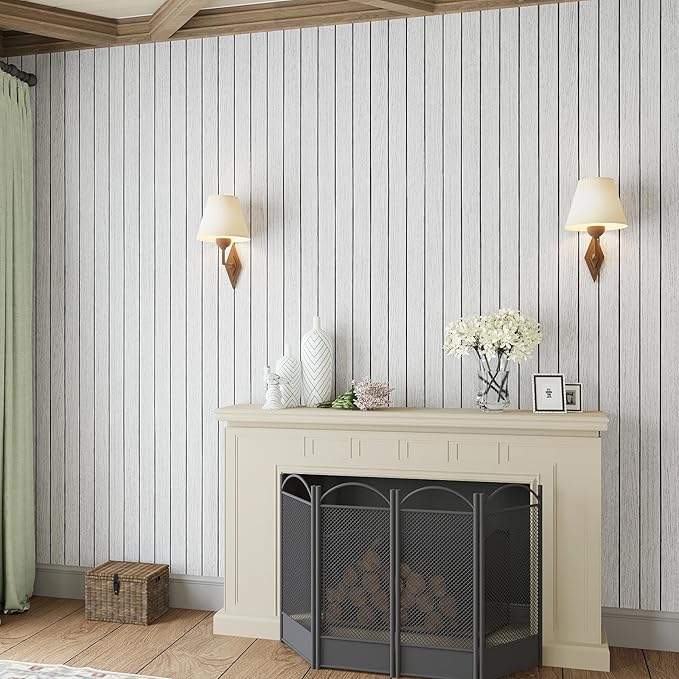 VEELIKE Whitewashed Oak Wood Wall Panel Peel and Stick Foam Slat Panels