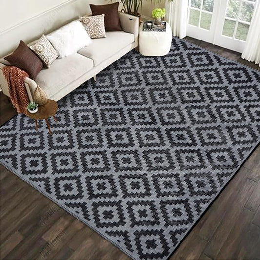 SAND MINE Waterproof Outdoor Rug, Plastic Reversible Rug, Modern Area Rug, Large Floor Mat for Outdoors, RV, Patio, Backyard, Deck, Picnic, Beach, Camping (8' x 8', Black Grey Lattice)
