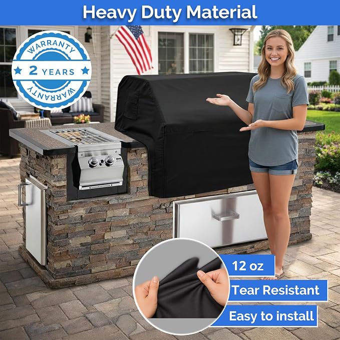 Covers & All Built-in Grill Cover for Outdoor Grill – Heavy Duty 12 oz Waterproof Built-in BBQ Grill Cover, PVC-Coated Polyester with Elastic Hem for Snug Fit (44 x 26 x 24 inches, Black)