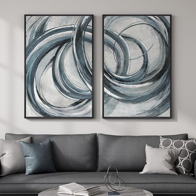 Framed Blue Gray Abstract Wall Art Set of 2, Modern Circle Line Canvas Artwork