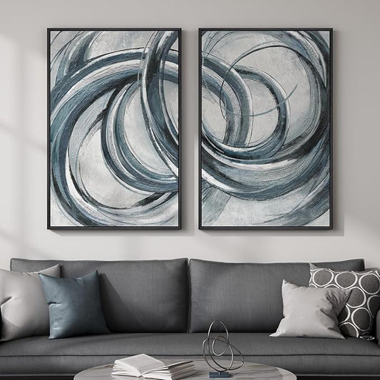 Framed Blue Gray Abstract Wall Art Set of 2, Modern Circle Line Canvas Artwork