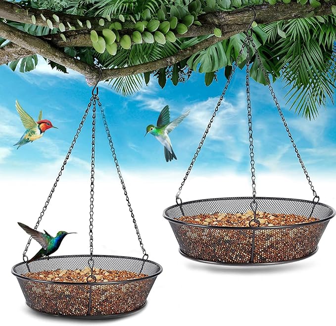 2 Pack Hanging Bird Feeder, Bird Feeder for Garden Yard Outside Hanging Feeder Tray - Metal Mesh Platform Feeders for Outside Outdoors for Attracting Birds