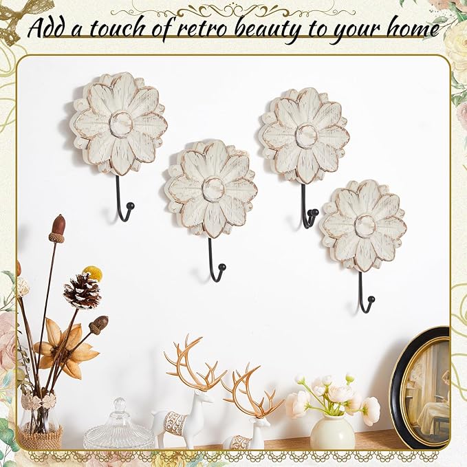 Weysat 4 Pcs Vintage Hooks for Wall Wood Farmhouse Towel Hooks Shabby Chic Wall
