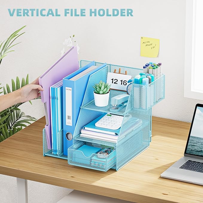 Marbrasse Desk Organizer and Accessories, 3-Tier File Organizer with Drawer and Pen Holder, Small Desktop Organizer and Storage for Workspace Office Supplies Blue
