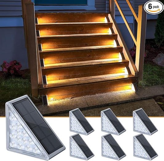 NIORSUN Solar Step Lights 6 Pack - Outdoor Stair Lights with 3000K Warm White & 6000K Cool Daylight, IP67 Waterproof, Auto On/Off, Super Bright for Deck, Patio, Steps