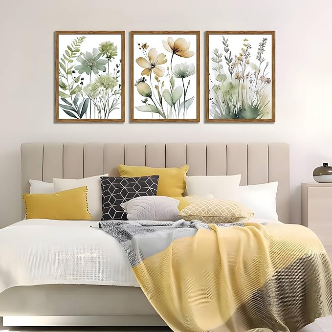 Wood Framed Sage Green Botanical Wall Art Set of 3, Boho Floral Canvas Wall