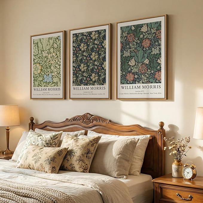 Large Framed William Morris Green Wall Art Set of 3, Vintage Floral Canvas