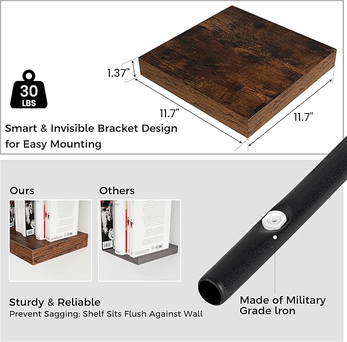 Square Floating Shelves for Wall 12"W x 12"D x 1.4"H, Small Engineered Wood