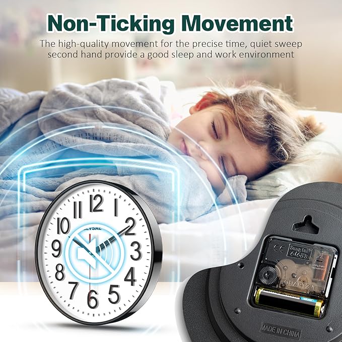 GLVSAE Wall Clock 12 Inches Non-Ticking Wall Clocks Battery Operated Large Easy