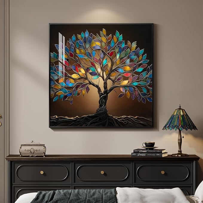 Framed Square Tree of Life Wall Art, Modern Contemporary Tree Painting Prints