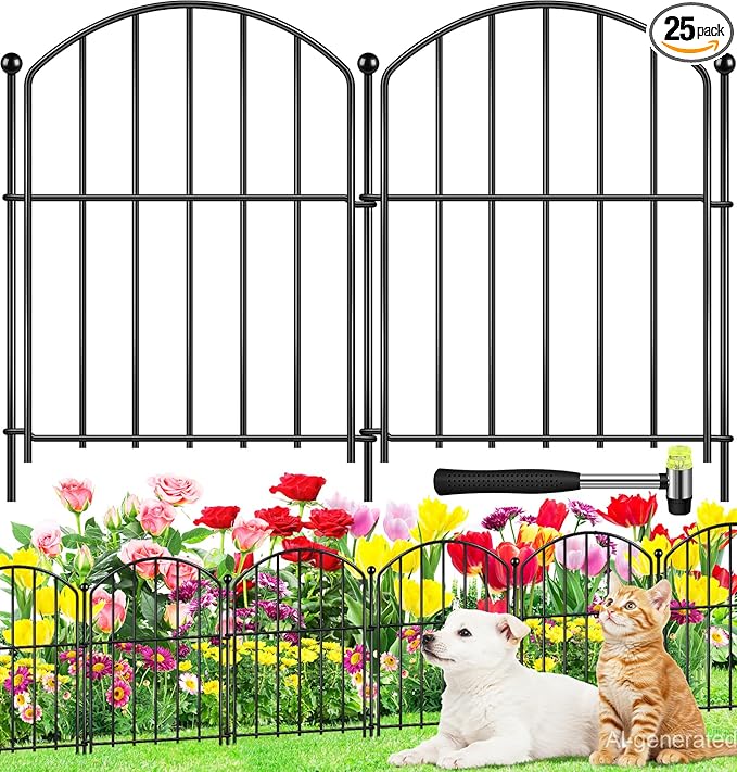 Decorative Garden Fence 17in (H) x25ft (L), Arched Rustproof Metal No Dig Fence for Dogs & Rabbit, Ornamental Animal Barrier for Flower Beds, Border Panels Fencing for Yard & Patio Outdoor Decor