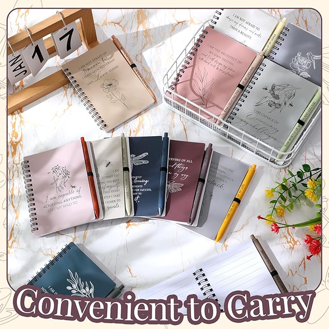 Kosiz 24 Pcs/12 Set Positive Affirmation Gifts Gratitude Spiral Notebooks with Pens Motivational Encouragement Notepads Daily Affirmations Journal for Women Valentine Galentine Gifts (Simple)