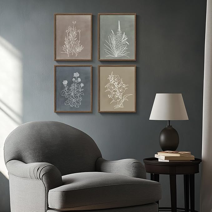 Boho Framed Botanical Wall Art for Bathroom Decor, 4 Piece Rustic Floral Canvas