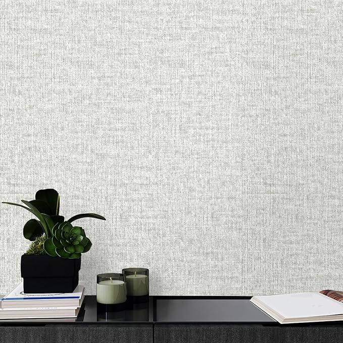 Grey Grasscloth Peel and Stick Wallpaper, Vintage Textured Contact Paper 15.75"