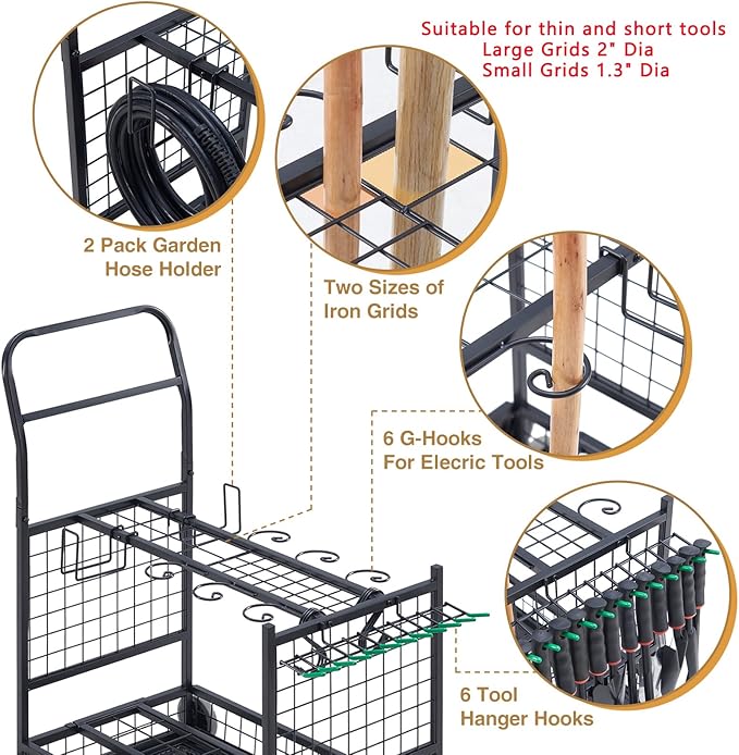 Lauren&Harold Garden Tool Organizer with 2 Stair-Climbing Wheels for Garage Storage, Garden Tool Rack, Up to 35 Long-Handled Tools, Rakes/Shovels/Yard Tools Storage Stand for Shed, Lawn and Outdoor
