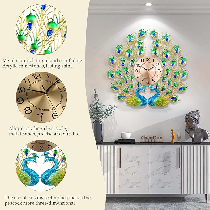 Large Peacock Wall Clock Silent Non-Ticking, 3D Creative Luxury Decorative Wall