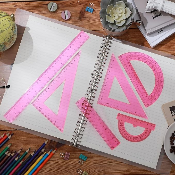 Tenare 6 Pcs Plastic Ruler Math Set Includes 12 Inch 6 Inch Straight Protractor Triangle Geometry Transparent Math Ruler Measuring Tools for School Office Home(Pink)