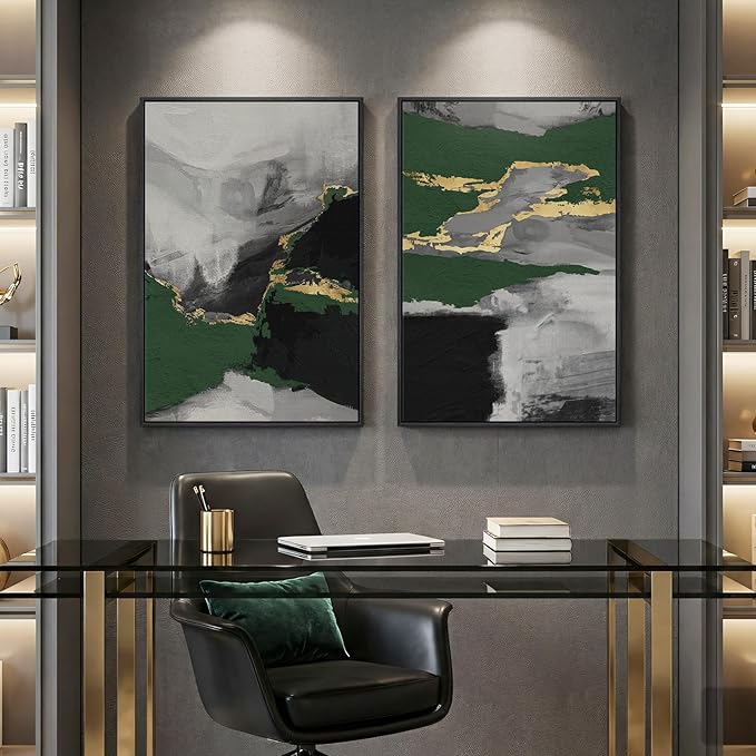 Large Framed Green Abstract Wall Art, 2 Piece Modern Canvas Prints Paintings
