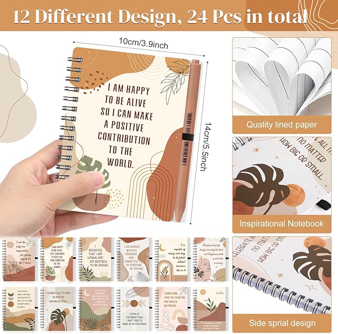 Kosiz 48 Pcs/24 Set Positive Affirmation Gifts Gratitude Spiral Notebooks with Pens Motivational Encouragement Notepads Daily Affirmations Journal for Women Valentine Galentine Gifts (Rainbow)